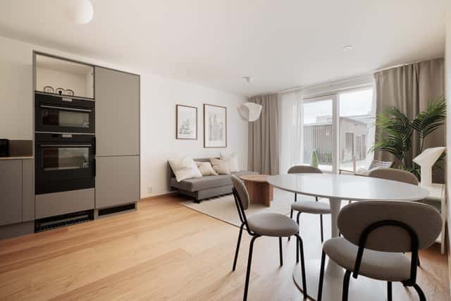 Modern Kungsholmen apartment interior and private patio.