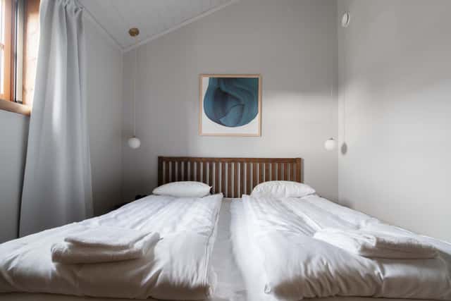 Living room, kitchen, master bedroom, second bedroom, bathroom in a Scandinavian cabin in Åre.