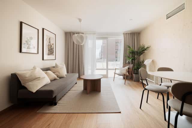 Modern Kungsholmen apartment interior and private patio.