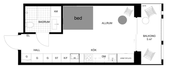 Modern studio interior in Kungsholmen, private balcony for coffees, large courtyard space