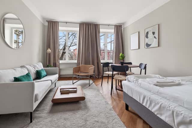 Cozy studio interior in St. Eriksplan, Stockholm, located in a historic building.
