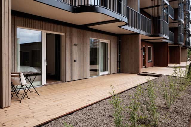 Modern Kungsholmen apartment interior and private patio.
