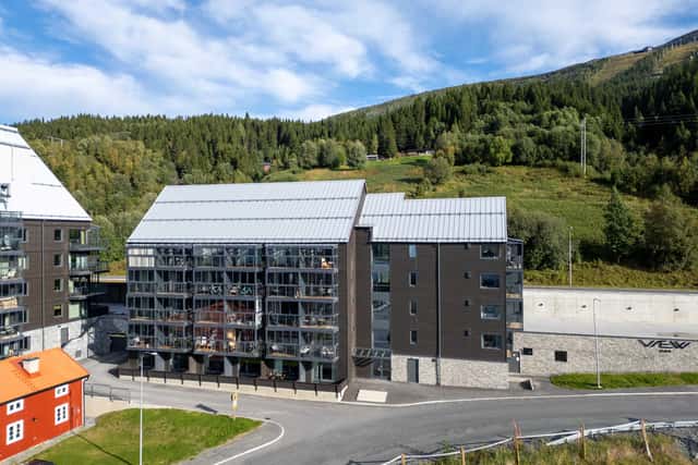 Modern kitchen in Åre apartment, stylish bathroom interior, cozy living area with mountain view