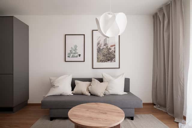 Modern Kungsholmen apartment interior and private patio.