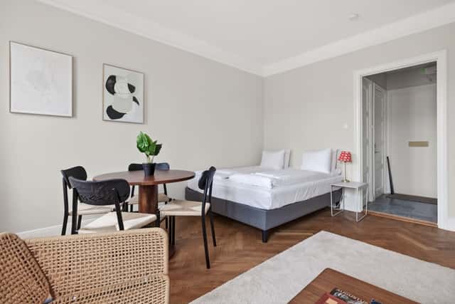 Cozy studio interior in St. Eriksplan, Stockholm, located in a historic building.