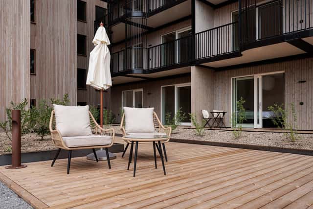 Modern Kungsholmen apartment interior and private patio.