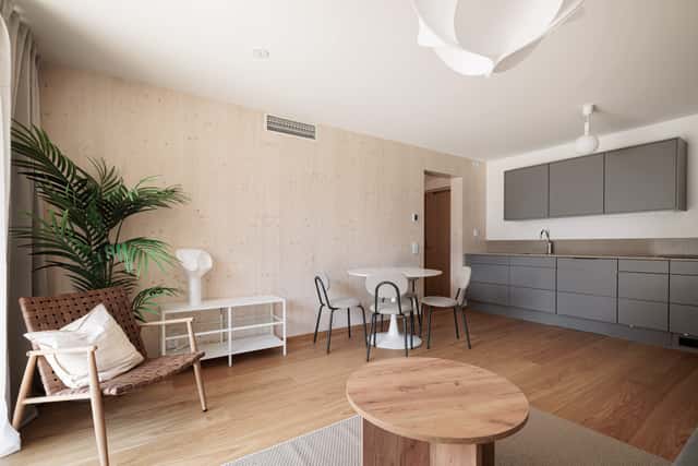 Modern Kungsholmen apartment interior and private patio.
