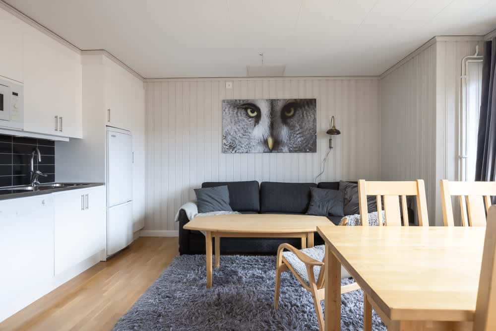 Living room and kitchen in Åre Fjällby apartment, master bedroom, second bedroom with bunk bed, balcony view