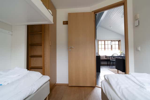 Living room, kitchen, master bedroom, second bedroom, bathroom in a Scandinavian cabin in Åre.