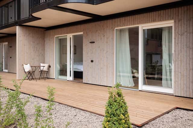 Modern Kungsholmen apartment interior and private patio.