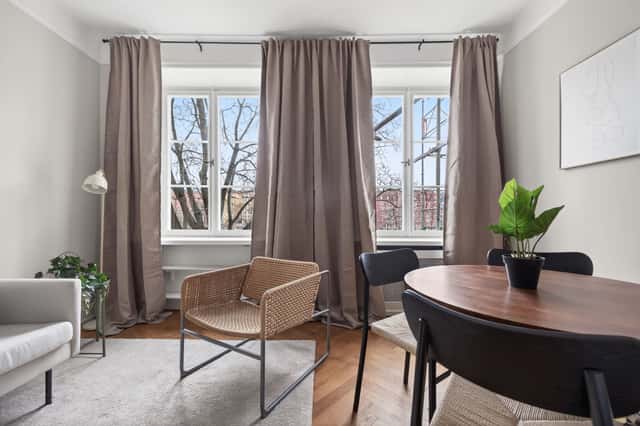 Cozy studio interior in St. Eriksplan, Stockholm, located in a historic building.