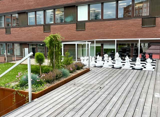 Modern studio interior in Kungsholmen, private balcony for coffees, large courtyard space