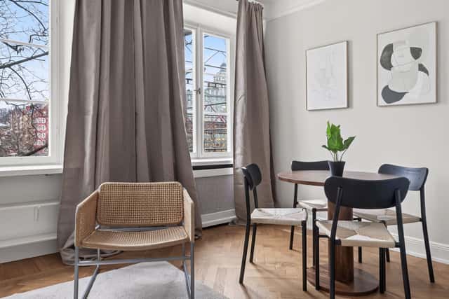 Cozy studio interior in St. Eriksplan, Stockholm, located in a historic building.