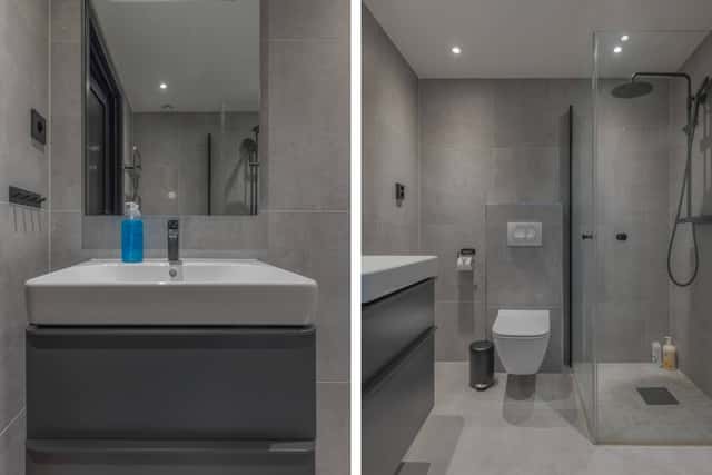 Modern kitchen in Åre apartment, stylish bathroom interior, cozy living area with mountain view