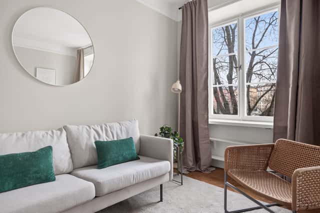 Cozy studio interior in St. Eriksplan, Stockholm, located in a historic building.