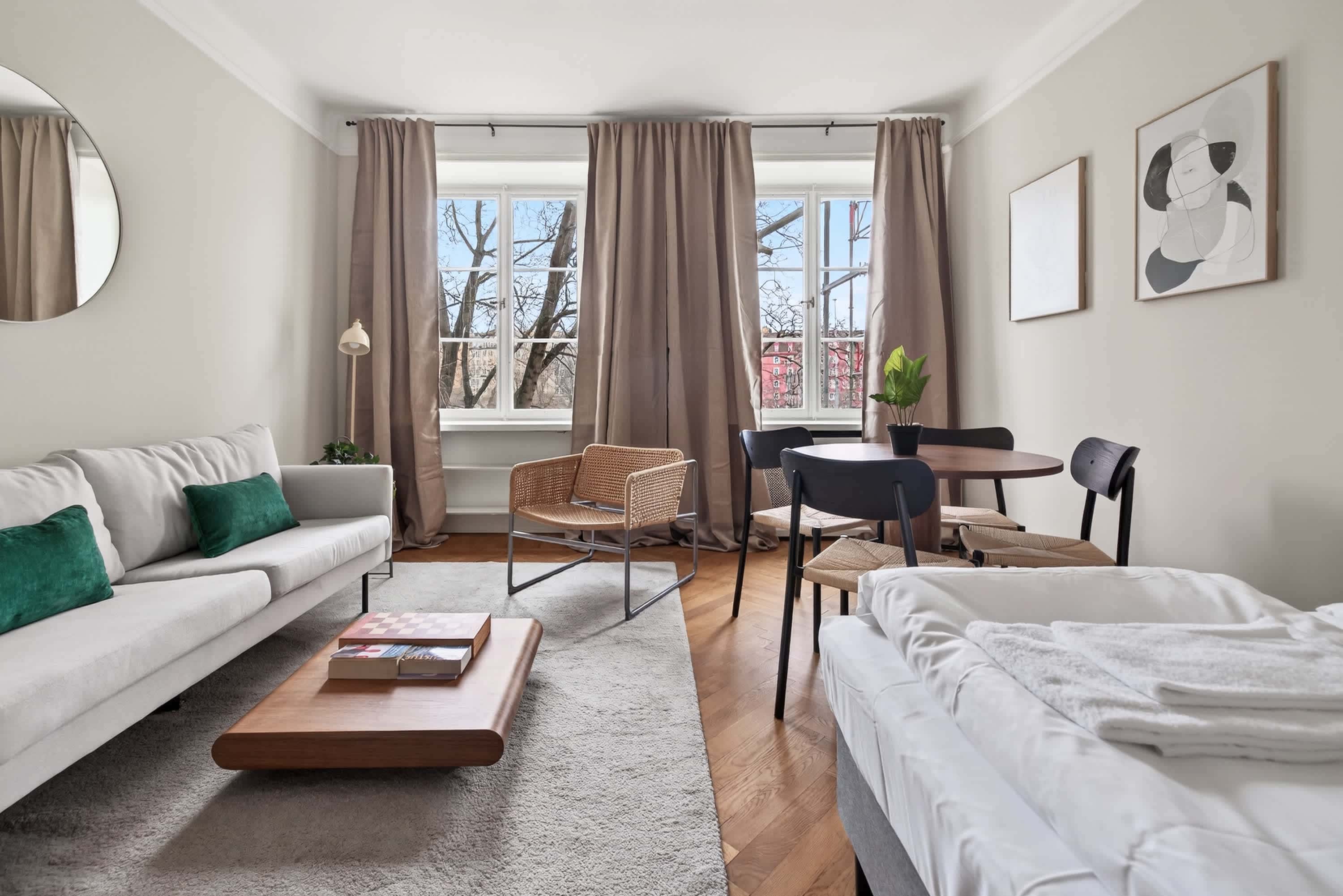 Cozy studio interior in St. Eriksplan, Stockholm, located in a historic building.