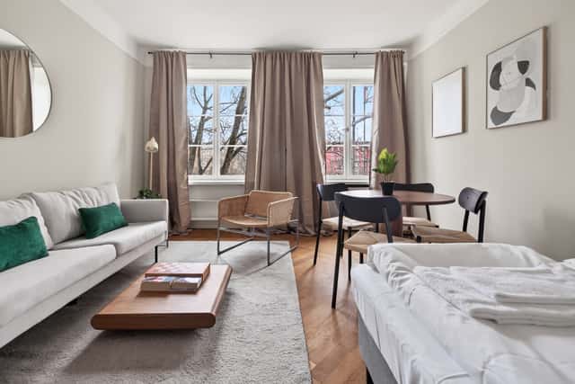 Cozy studio interior in St. Eriksplan, Stockholm, located in a historic building.