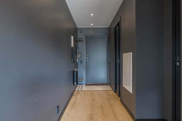 Modern kitchen in Åre apartment, stylish bathroom interior, cozy living area with mountain view