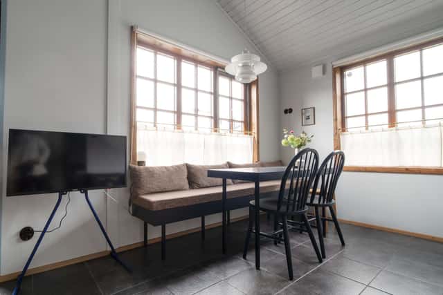 Living room, kitchen, master bedroom, second bedroom, bathroom in a Scandinavian cabin in Åre.