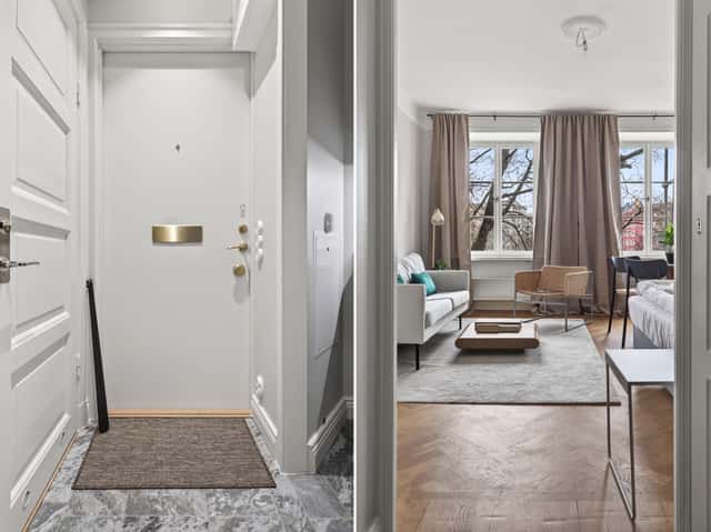 Cozy studio interior in St. Eriksplan, Stockholm, located in a historic building.
