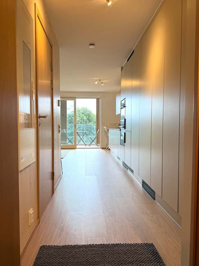 Modern studio interior in Kungsholmen, private balcony for coffees, large courtyard space