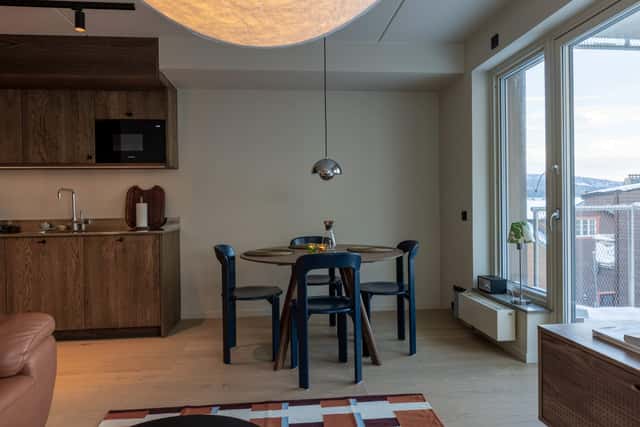 Åre apartment balcony, private sauna, ski storage, cozy lounge, central Åre accommodation