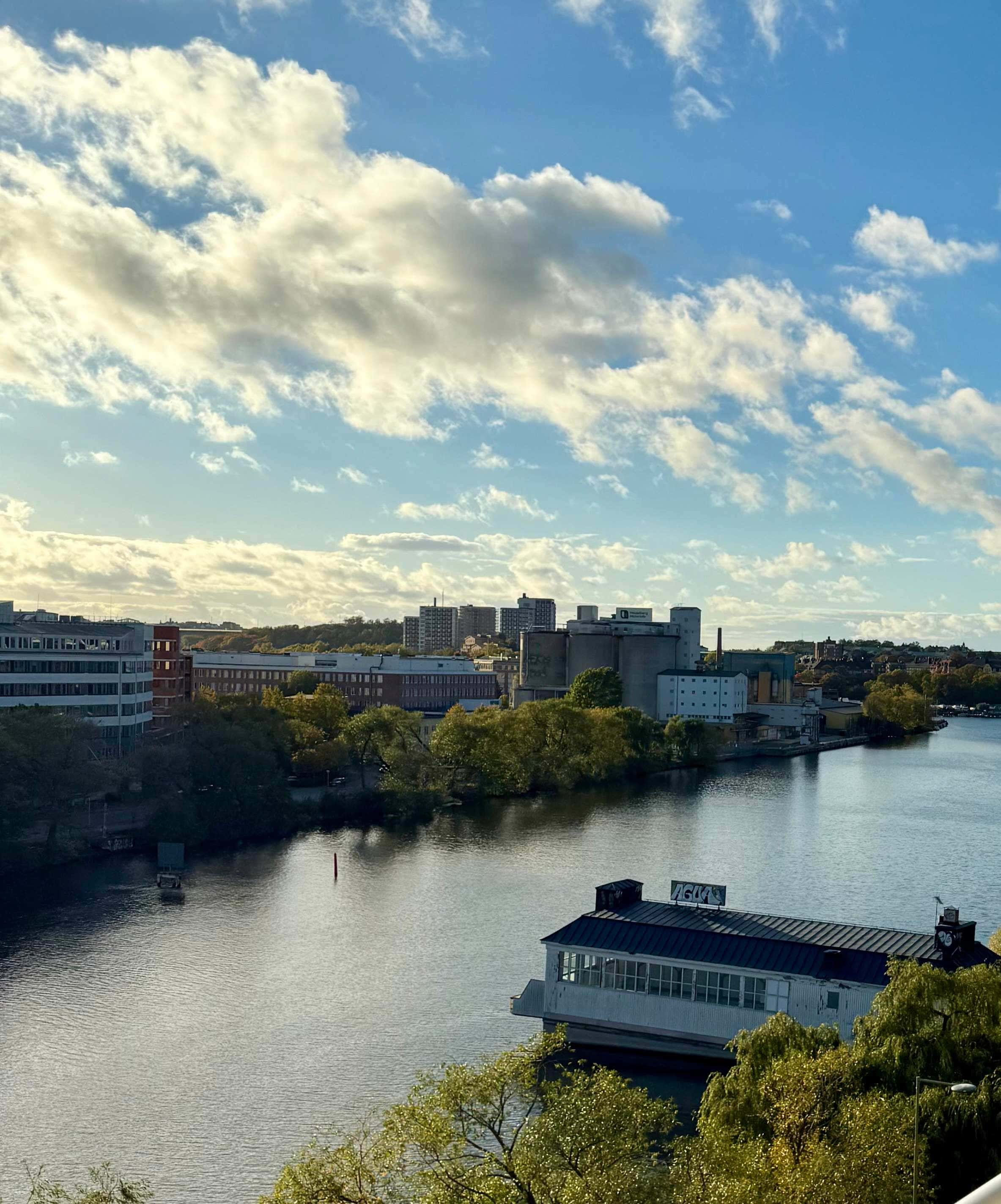 Ljus lägenhetsinteriör med panoramautsikt över Hornstull, Stockholm