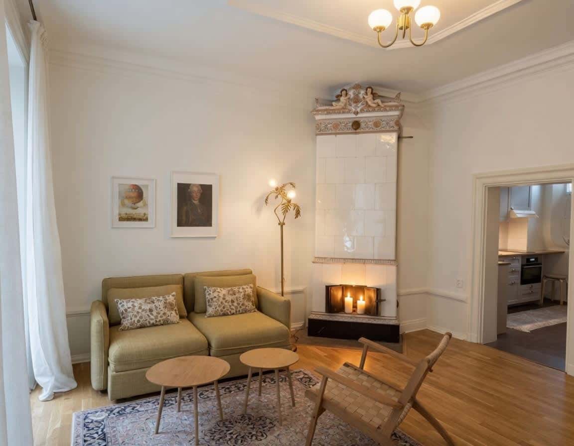 1BR apartment in Old Town with modern kitchen and large windows facing a pedestrian street