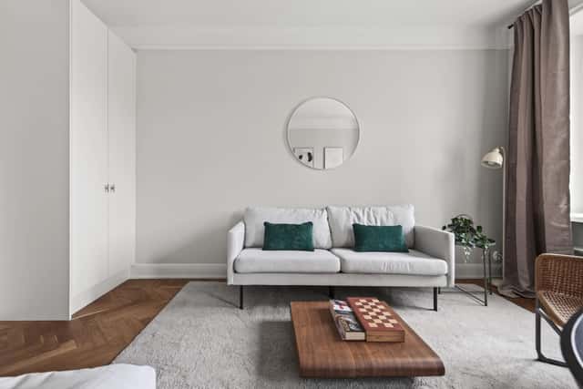 Cozy studio interior in St. Eriksplan, Stockholm, located in a historic building.