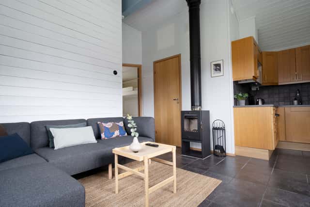 Living room, kitchen, master bedroom, second bedroom, bathroom in a Scandinavian cabin in Åre.