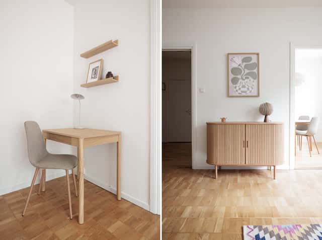 Studio apartment interior, kitchenette, cozy living area, local cafés and shops nearby, Sundbyberg