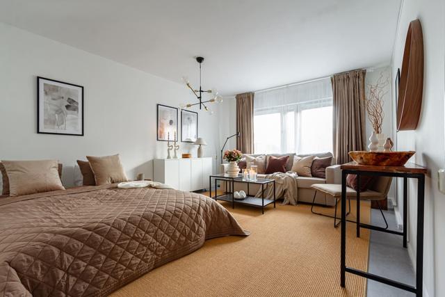 Living room with sofa bed in Södermalm studio apartment.