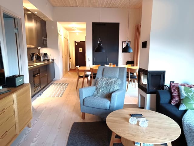 Modern lägenhet i Åre nära torget med öppen spis, privat bastu, balkong och nära till liftar.