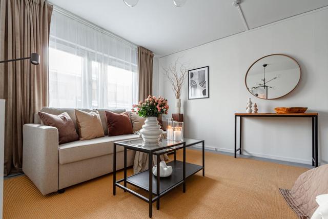 Living room with sofa bed in Södermalm studio apartment.