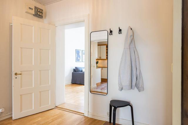 Living room with a convertible sofa in central Gothenburg apartment.