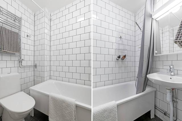 Södermalm apartment: kitchen with breakfast bar, bedroom, dining area, living room, floor plan, bathroom, balcony