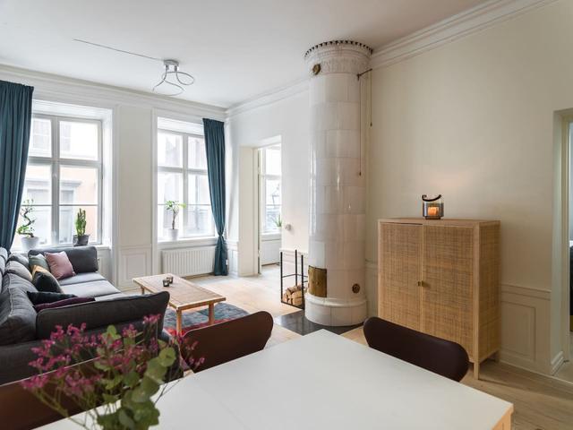 Bright living room in Old Town Stockholm with high ceilings