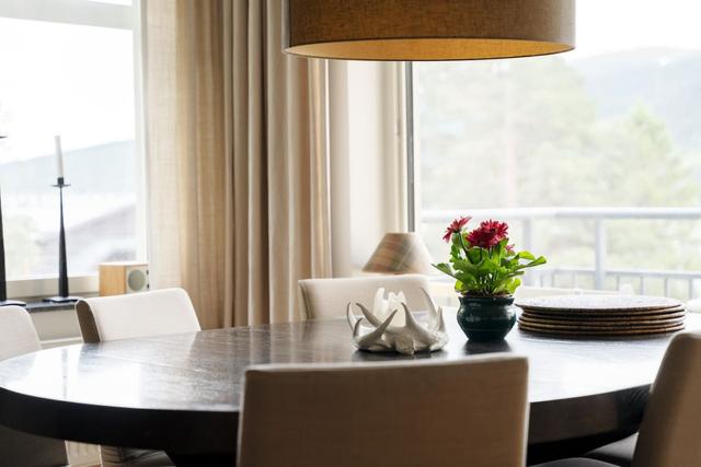 Dining area with stunning lake and mountain views in Åre