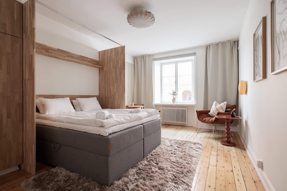 Interior of a smart studio in a historic Vasastan building by St. Eriksplan, Stockholm