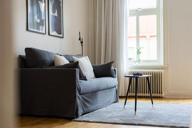 Living room with a convertible sofa in central Gothenburg apartment.