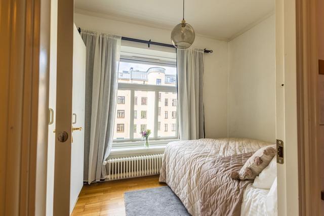 Living room with a convertible sofa in central Gothenburg apartment.