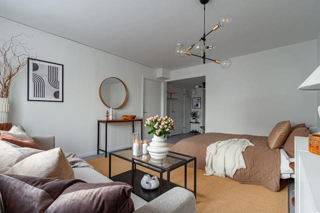 Living room with sofa bed in Södermalm studio apartment.