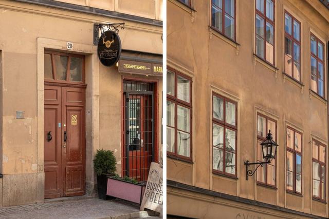 Vardagsrum med stora fönster i Stockholms Gamla Stan