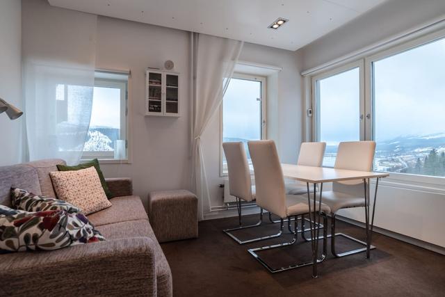 Living room with kitchenette and dining area, Åre apartment.