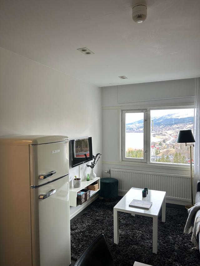 Åre ski-in/ski-out-lägenhet: vardagsrum med bergsutsikt, matplats och kök, master bedroom, sovrum 2, badrum