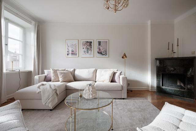 Living room in Vasastan apartment with large windows