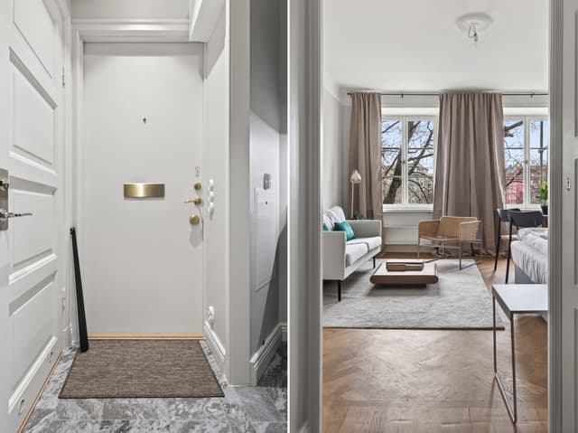 Cozy studio interior in St. Eriksplan, Stockholm, located in a historic building.