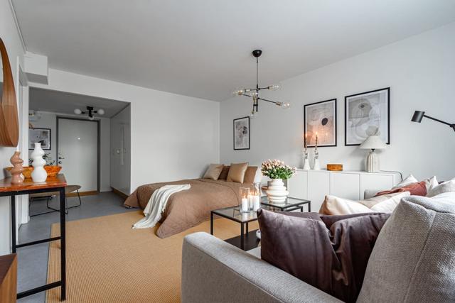 Living room with sofa bed in Södermalm studio apartment.