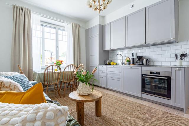 Open-concept living room and kitchen in a stylish apartment.