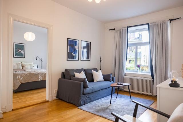 Spacious living room in Gothenburg apartment.